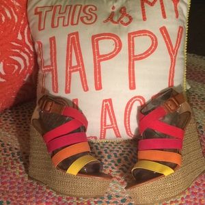 Red orange yellow strappy platform wedges